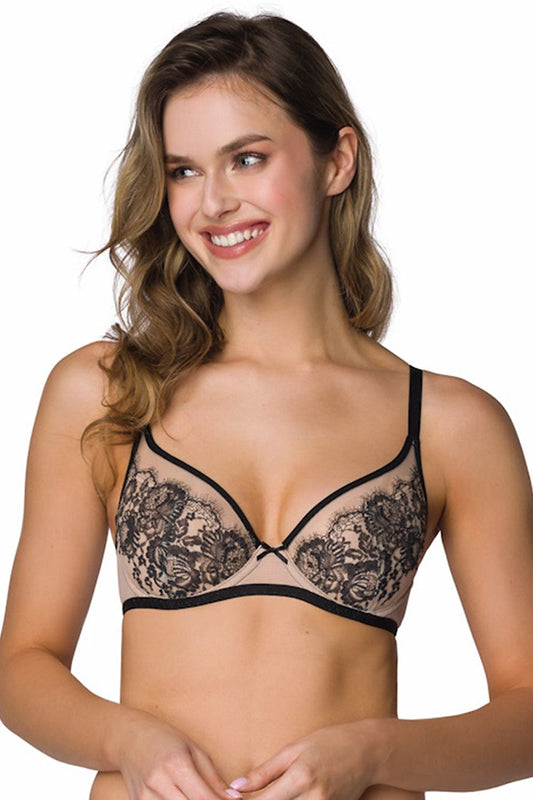 Frances soft bra in elegant beige and black design, adorned with exquisite navy blue lace trim, by Mat.