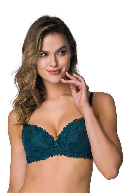 Luxurious Zephyr Green Push-Up Bra by Mat featuring exquisite floral lace details, designed for elegance and comfort in women's underwear.