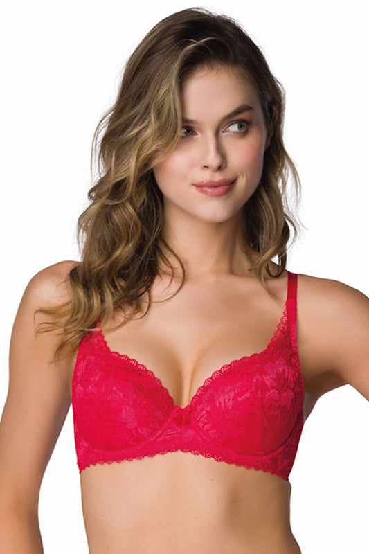 Luxury lace push-up bra by Mat in bold red, featuring removable pads and stunning lace detailing for an elegant and seductive look.