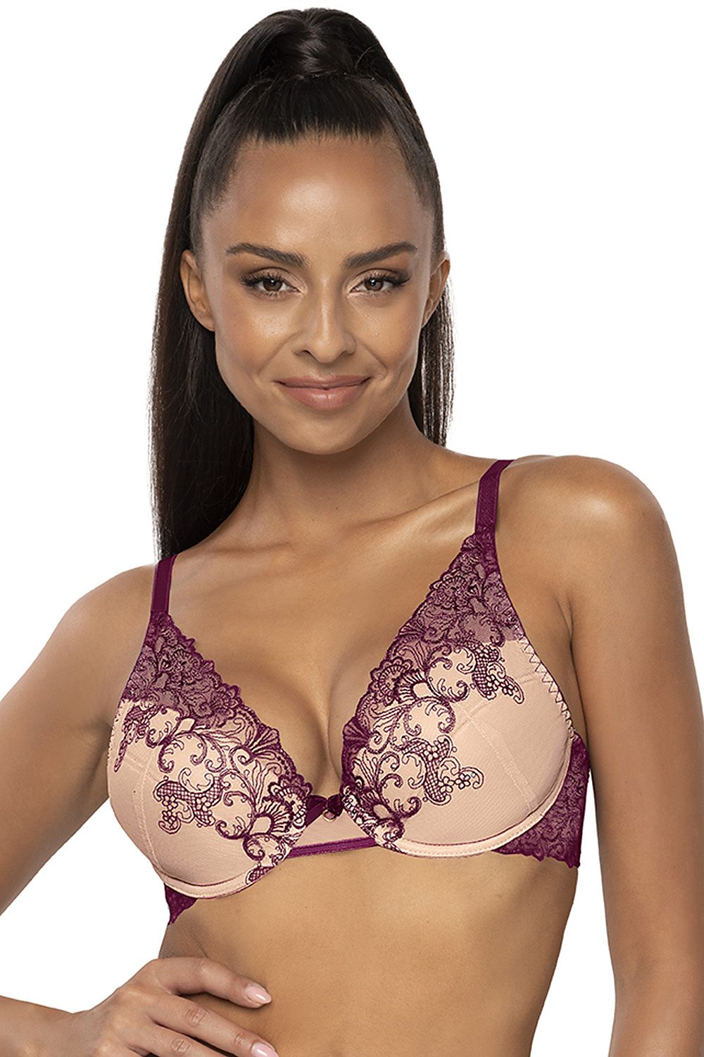 Luxurious beige and purple push-up bra by Mat, featuring elegant embroidery and soft cotton lining, ideal for a comfortable and adjustable fit.