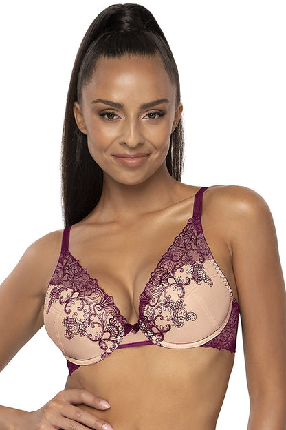 Luxurious beige and purple push-up bra by Mat, featuring elegant embroidery and soft cotton lining, ideal for a comfortable and adjustable fit.