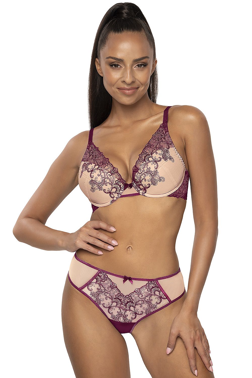 Luxury beige and purple push-up bra by Mat featuring intricate embroidery and soft cotton lining, perfect for an elegant silhouette.