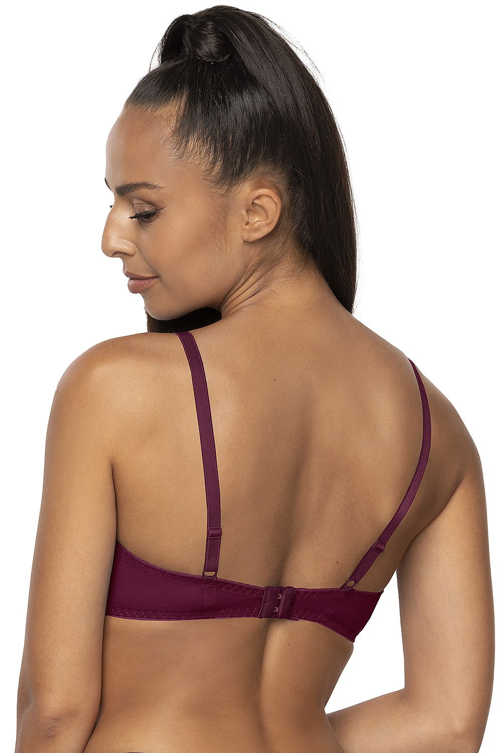 Beautifully designed adjustable push-up bra in beige and purple by Mat, showcasing exquisite embroidery and removable padding for enhanced comfort.