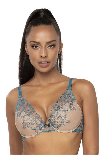 Elegant push-up bra from Mat in beige and purple, adorned with delicate embroidery and cotton lining, offering a stylish and supportive fit.