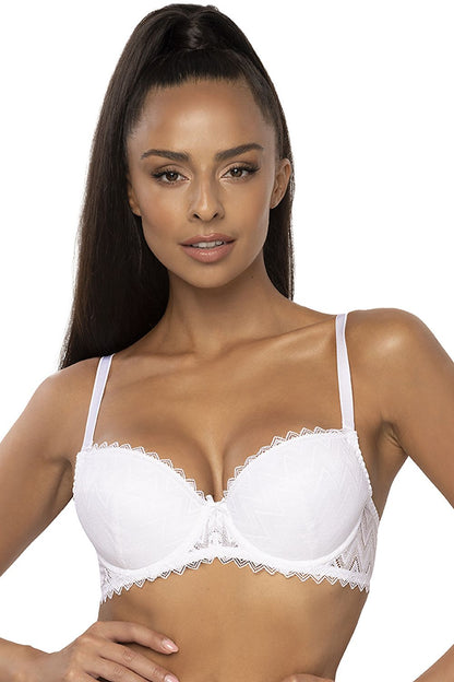 Luxury women's white lace push-up bra by Mat with removable padding, featuring a delicate bow detail.