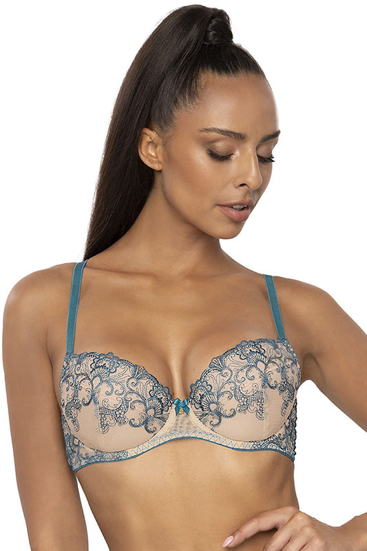 Luxury Women's Push-Up Bra by Mat in a stunning beige and turquoise design featuring removable padding, adjustable straps, and intricate embroidery for enhanced comfort and elegance.