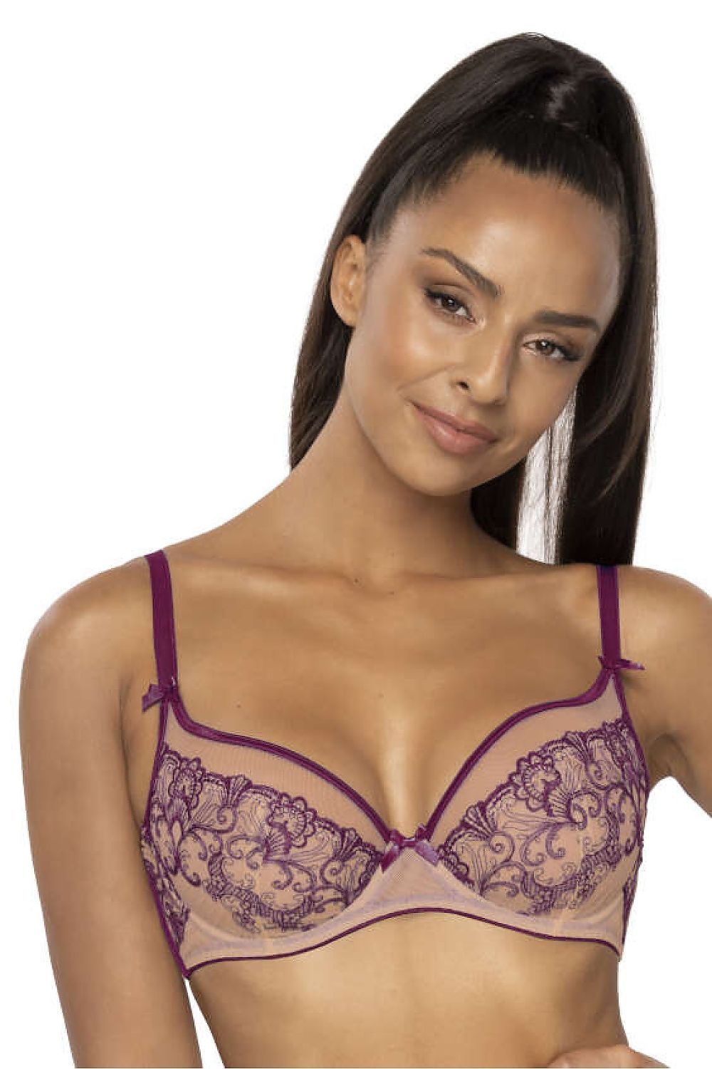 Luxurious soft beige-purple lace bra by Mat featuring underwire support, adjustable straps, and elastic mesh sides for unmatched comfort.