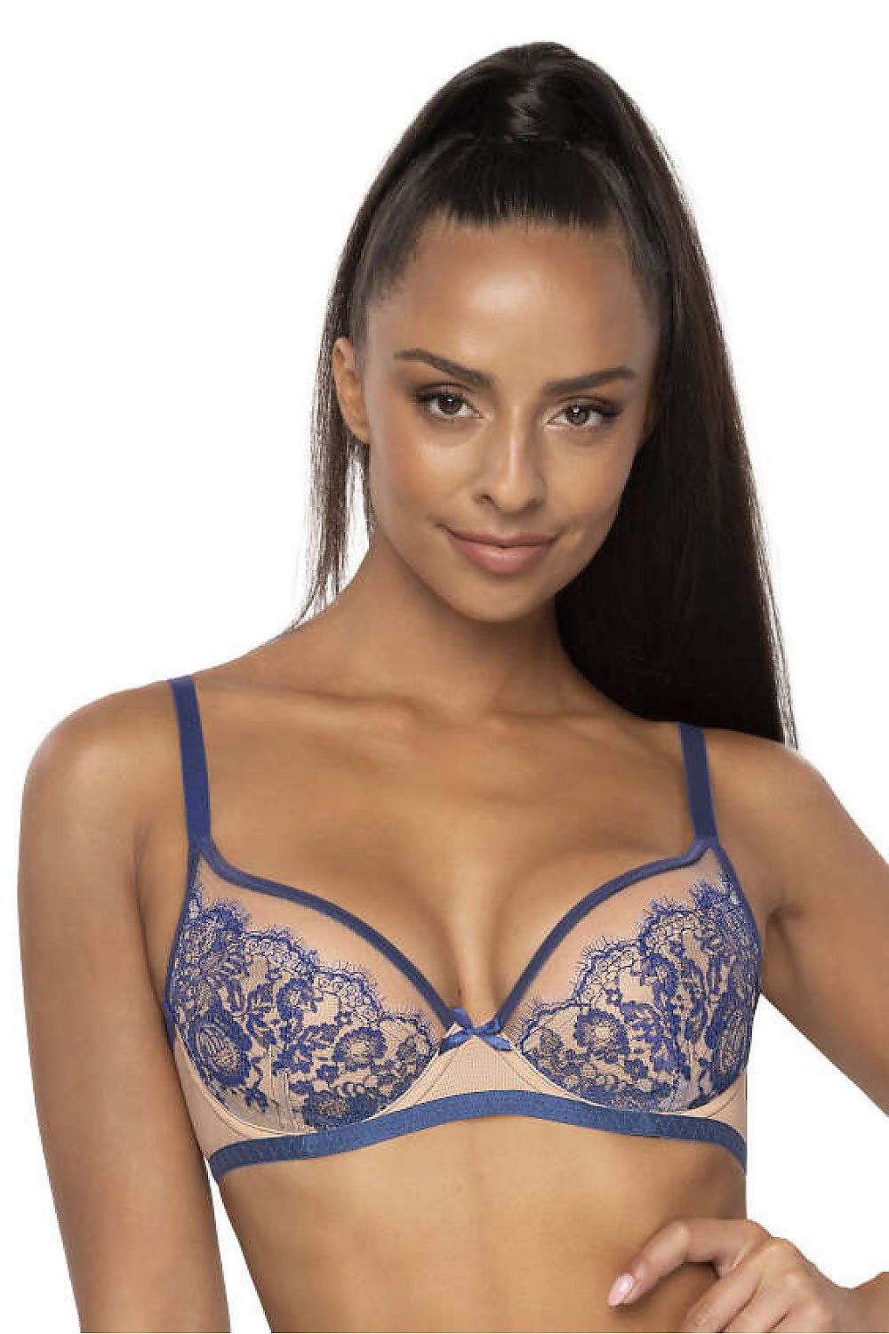 Elegant beige-navy soft bra by Mat, featuring exquisite lace trim and adjustable straps, showcasing luxury and comfort.