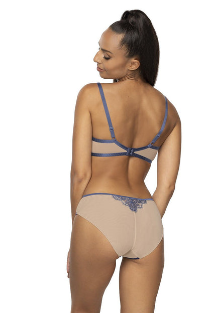 Mat's luxurious beige-navy soft bra displayed in multiple sizes, designed for elegance and comfort with adjustable straps and intricate lace details.