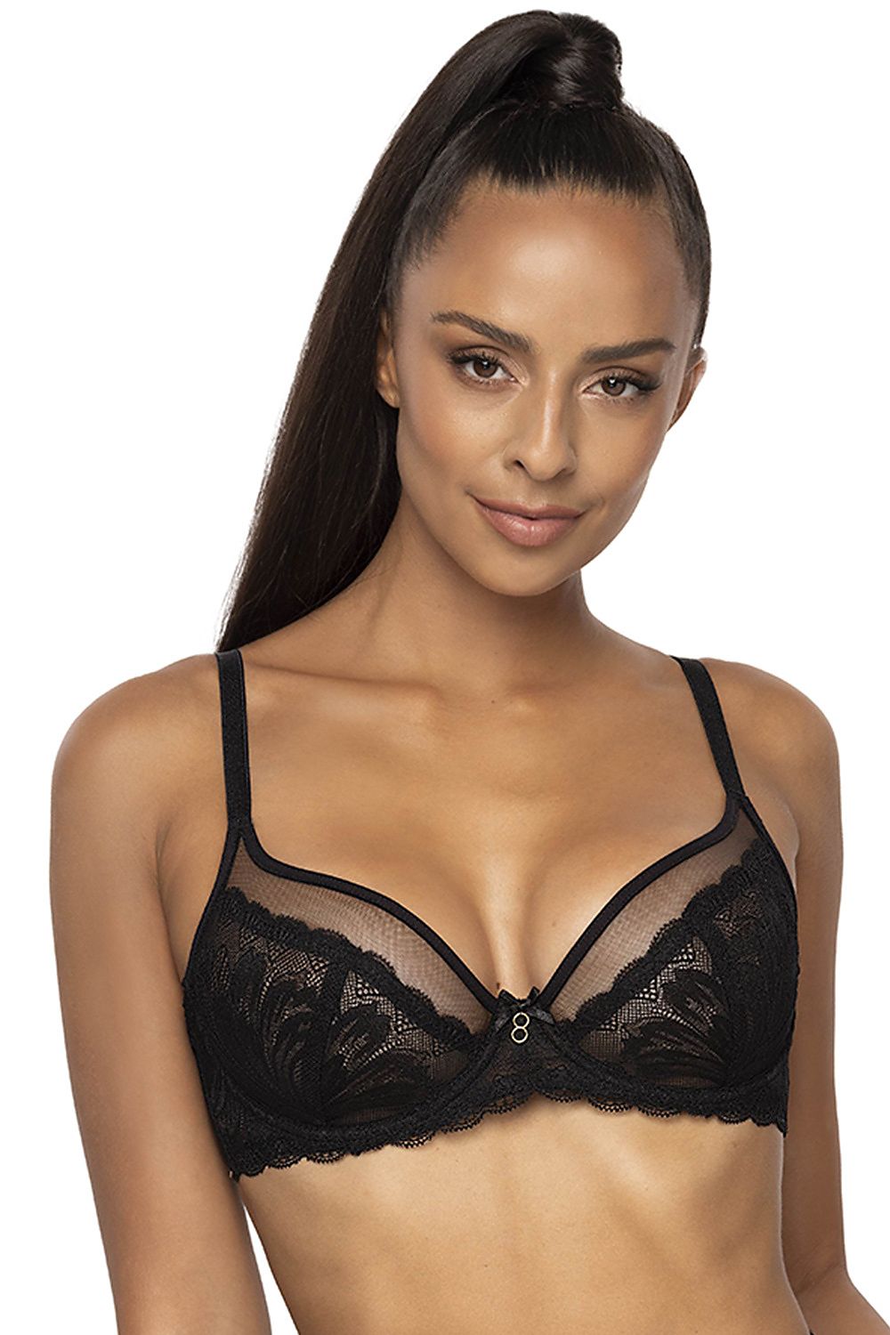 Luxurious black women's lace and mesh bra by Mat, featuring adjustable straps, elegant bow detail, and structured boning for a sophisticated look.