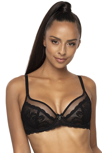 Luxurious black women's lace and mesh bra by Mat, featuring adjustable straps, elegant bow detail, and structured boning for a sophisticated look.