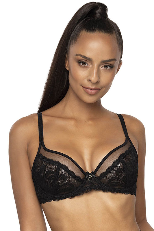 Luxurious black women's lace and mesh bra by Mat, featuring adjustable straps, elegant bow detail, and structured boning for a sophisticated look.