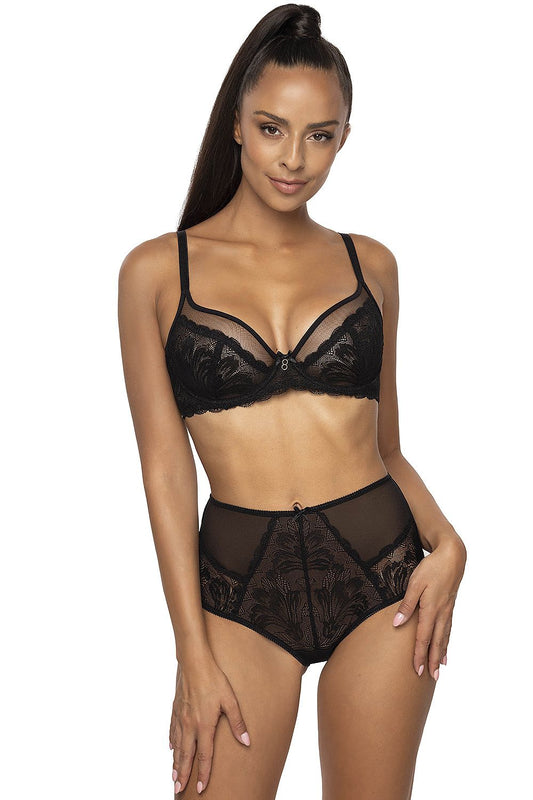 Luxurious black lace and mesh women's bra by Mat, featuring adjustable straps, charming bow detail, and elegant boning for flawless support.