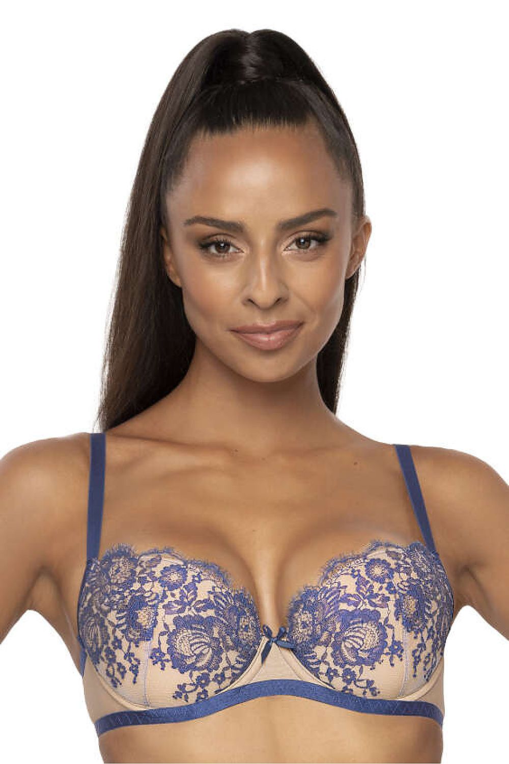 Elegant seductive beige and navy push-up bra by Mat showcasing removable pads and adjustable straps, perfect for enhancing your silhouette.
