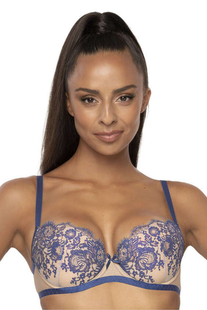 Elegant seductive beige and navy push-up bra by Mat showcasing removable pads and adjustable straps, perfect for enhancing your silhouette.
