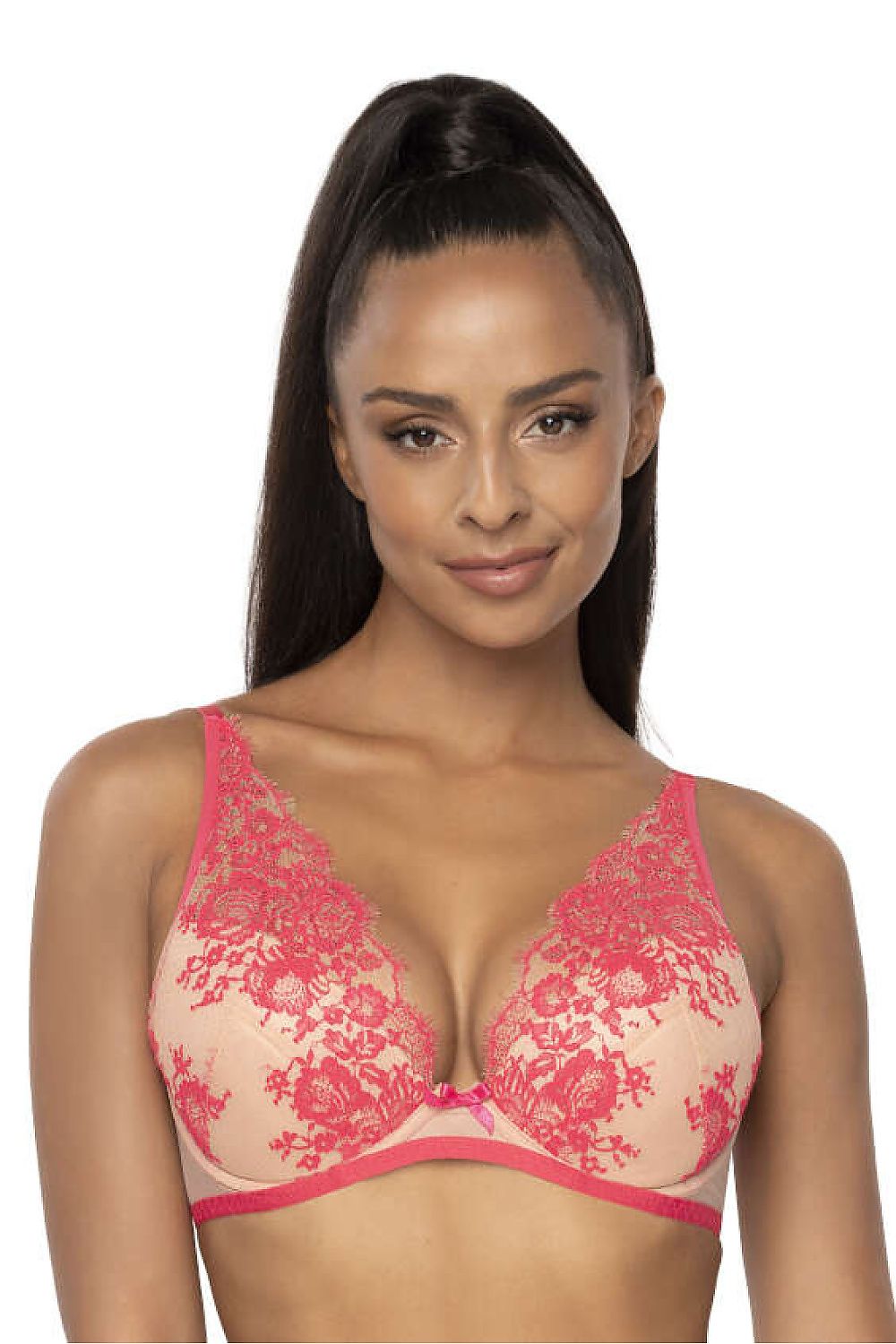 Elegant beige-pink push-up bra by Mat, featuring delicate lace detail and providing comfort and beautiful cleavage.
