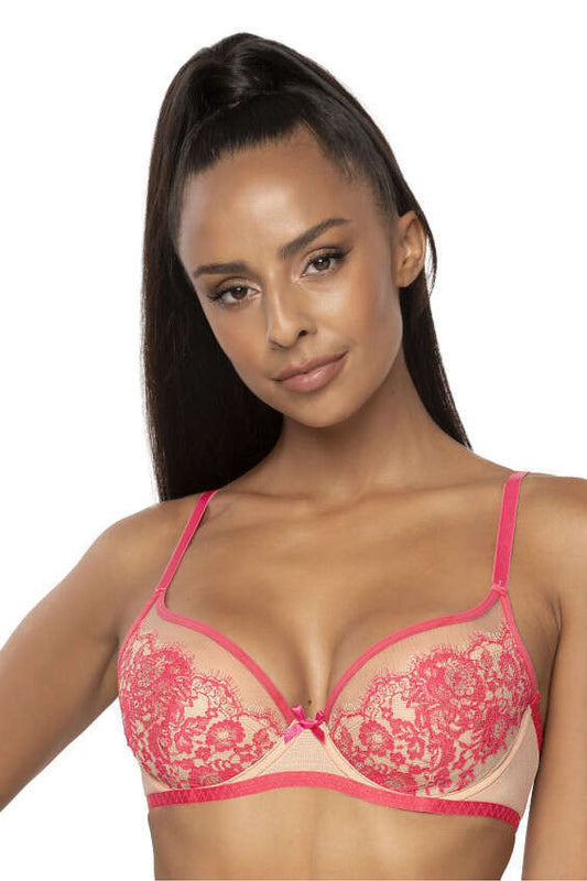 Exquisite Beige-Pink Frances Bra by Mat featuring adjustable straps and delicate pink lace trim, designed for luxurious comfort and style.