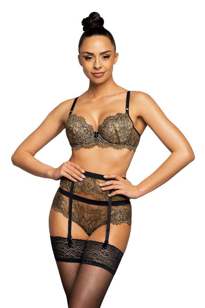 Elegant Chelsea Mat Bra showcasing intricate patterned lace in green shades, perfect for chic and sophisticated lingerie collections.