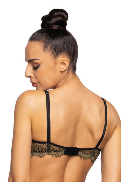 Stylish Chelsea Push-Up Bra by Mat, offering a flirtatious basque effect with non-detachable adjustable straps and a double-row hook closure.