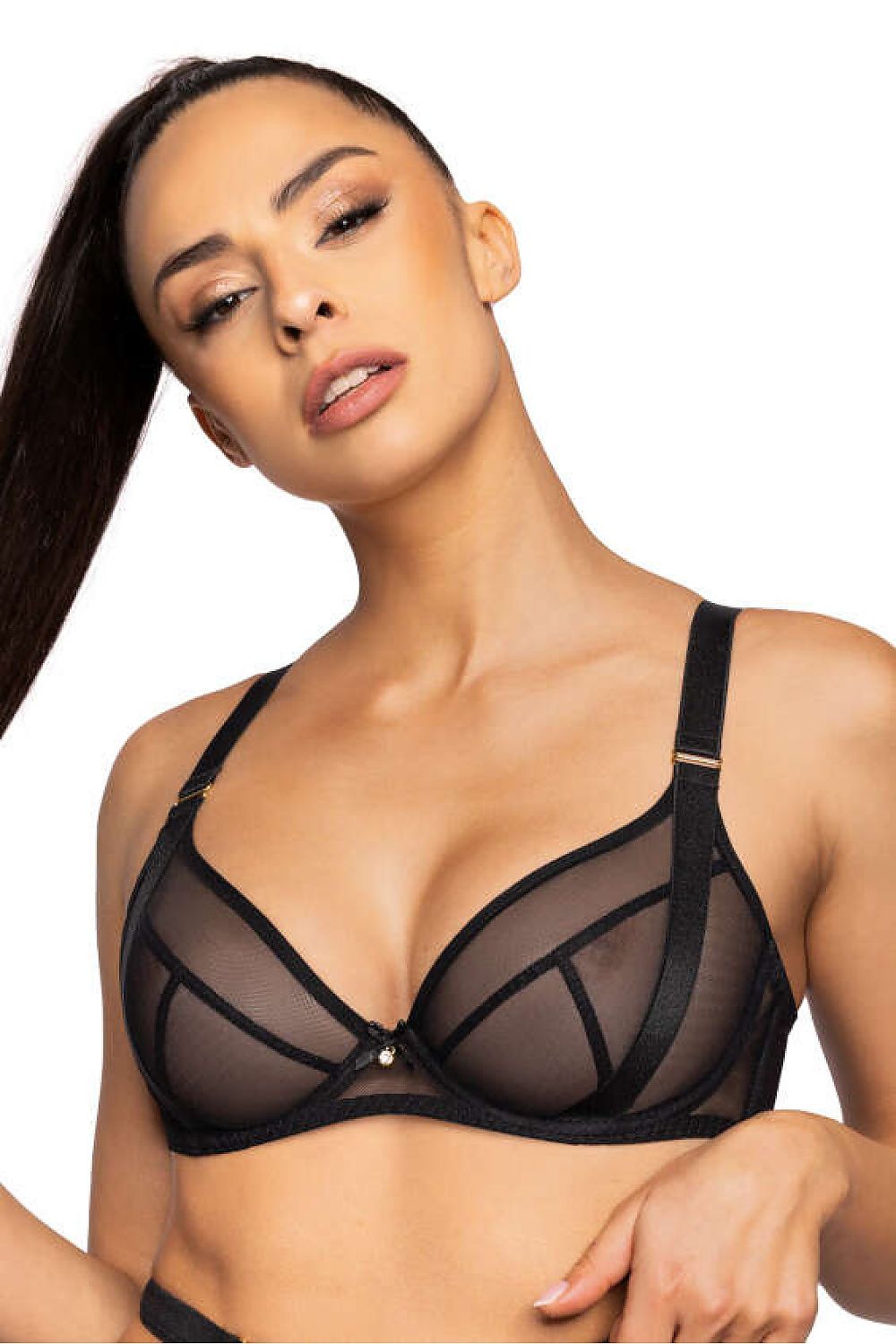 Luxurious soft black bra Denise by Mat, designed for larger busts, featuring adjustable straps and elegant gold accents, showcased in an elegant setting.
