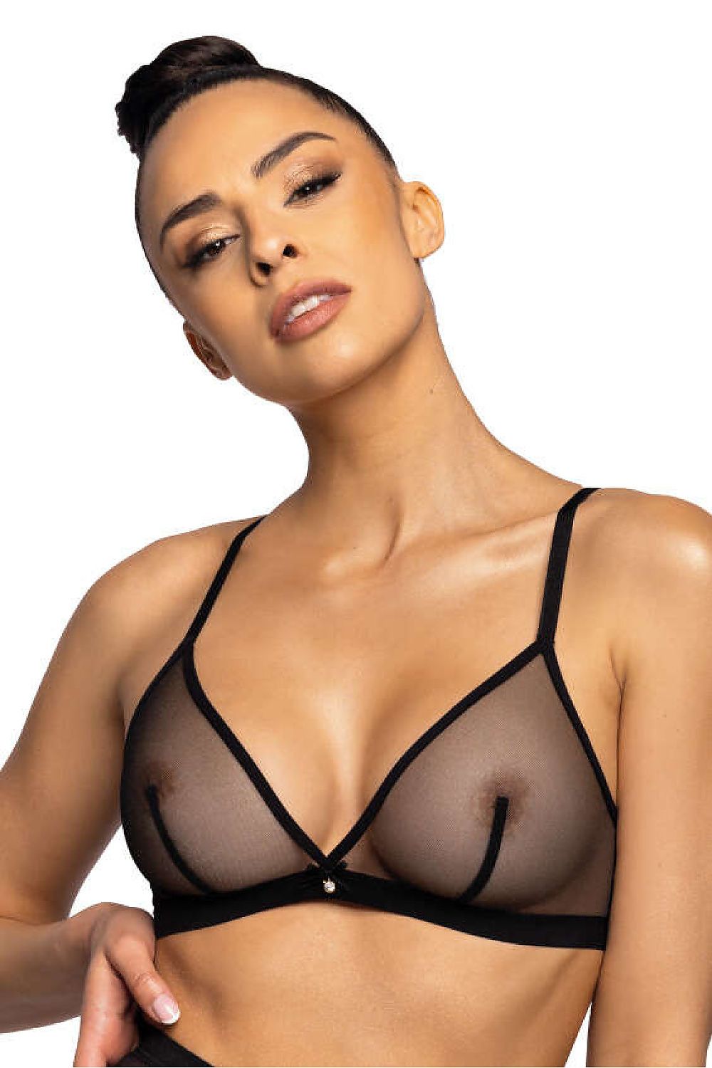 Luxury black triangle bralette by Mat featuring adjustable straps, crafted from soft transparent mesh for a sexy allure, suitable for sizes EU 65B to 90B.