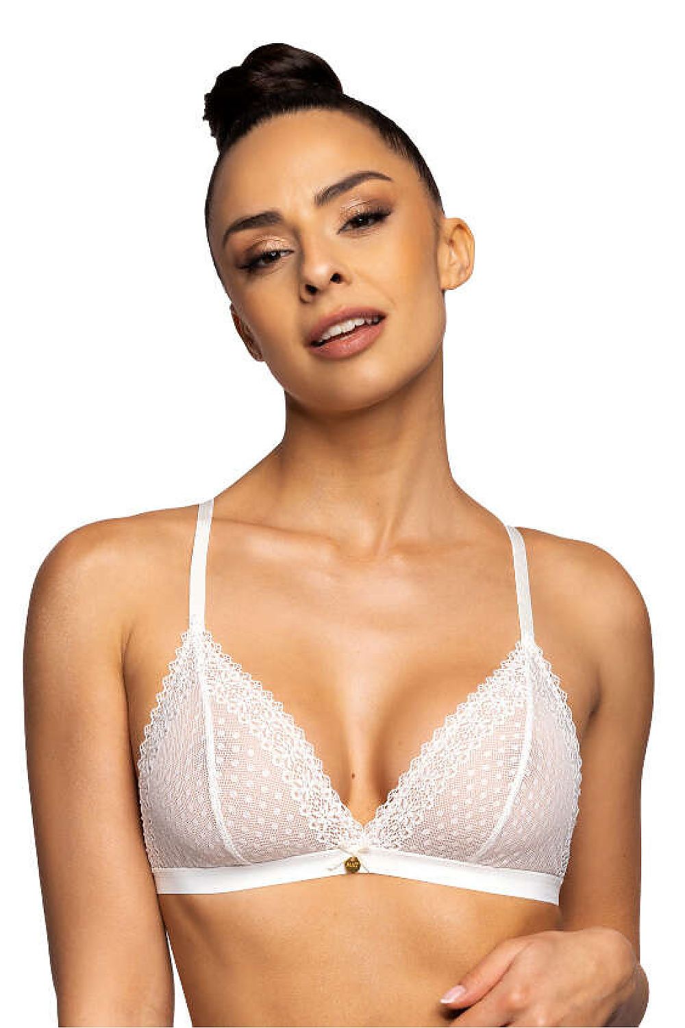 Luxury ivory soft lace bralette by Mat, featuring delicate triangle cups without underwire, adorned with a charming bow for a sophisticated touch.