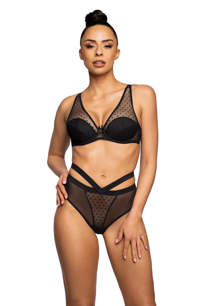 Luxurious Dotssy black bra with push-up cups by Mat, featuring elegant dot pattern and adjustable straps for a perfect fit, available in size EU 65B to 90C.