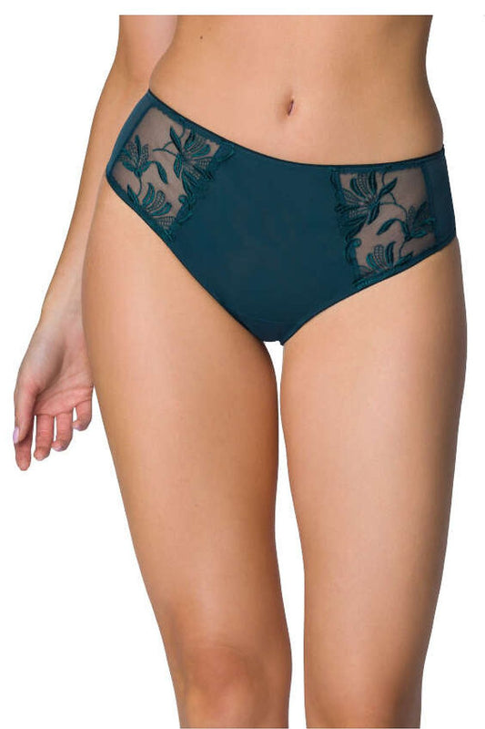Luxurious Zephyr bikini bottoms by Mat in deep green featuring floral embroidered mesh, elegantly highlighting feminine curves with a translucent back.
