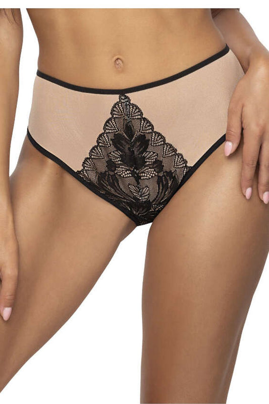 Lindsay Beige & Black Open Bikini Bottoms by Mat with delicate lace detail, showcasing luxury design and sensual appeal.