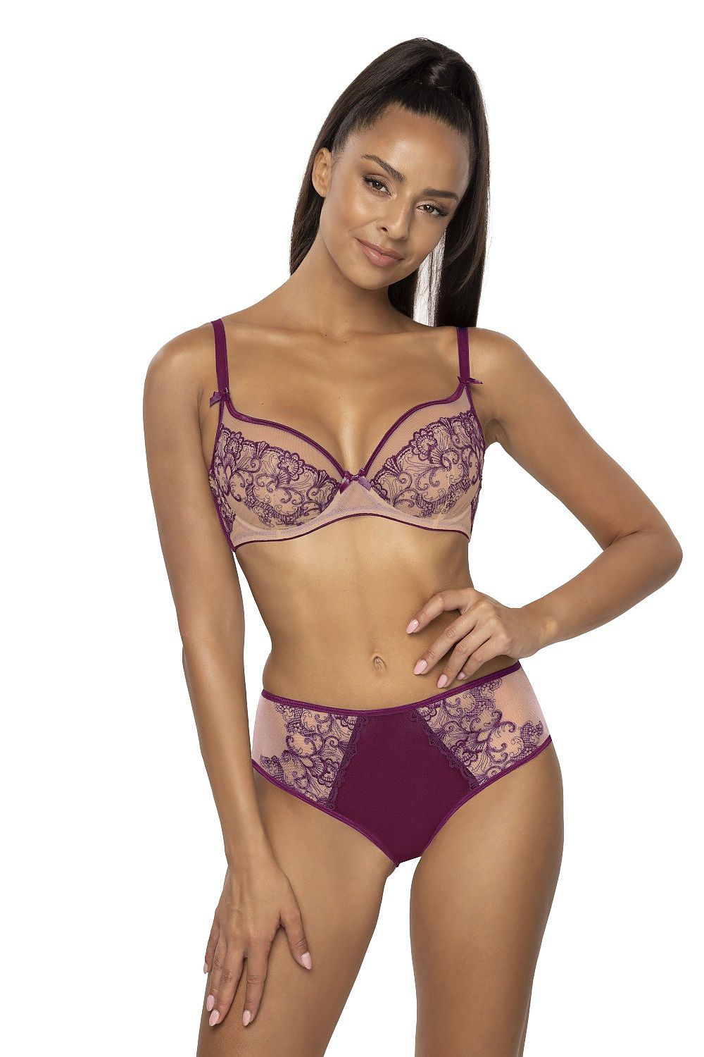 Luxury Maureen women's beige and purple lace panties showcasing delicate lace inserts for elegant comfort in sizes EU 36-48.