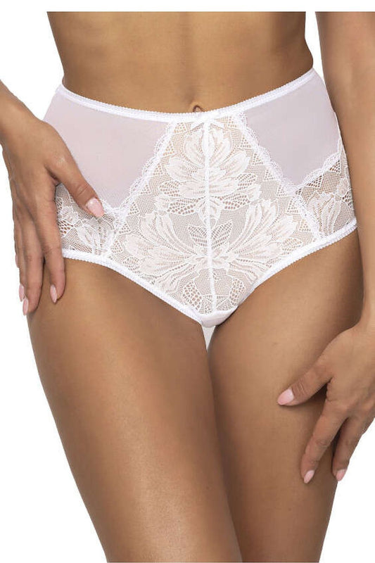 Lindsay F-0203/51 high-waisted white lace and tulle panties by Mat, showcasing intricate lace details for a luxurious lingerie experience.
