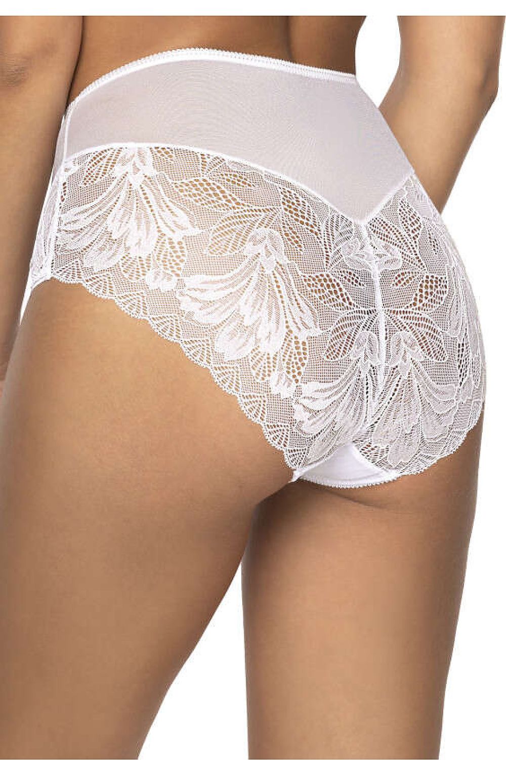 Mat's Lindsay F-0203/51 high-waisted white panties, featuring delicate lace accents and soft tulle, offering an exquisite blend of elegance and comfort.