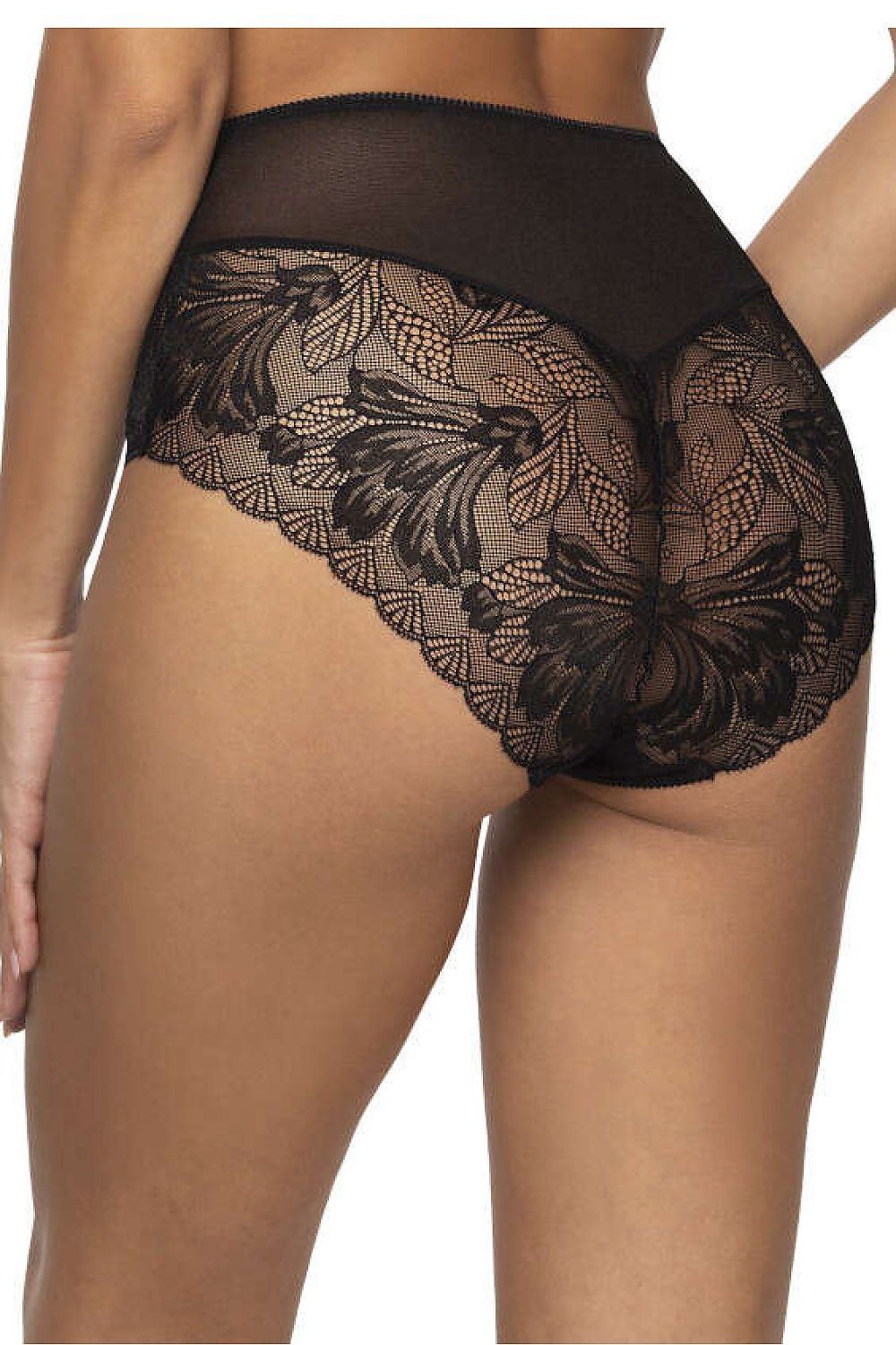 Model wearing Lindsay F-0203/51 high-waisted white lace and tulle panties by Mat, demonstrating a refined and elegant fit for sizes EU 36-48.