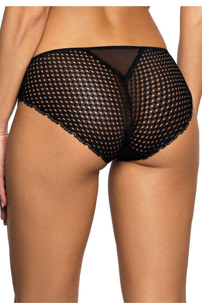 Back view of black Marley lace panties by Mat, emphasising the lacy design that contours and enhances feminine curves.
