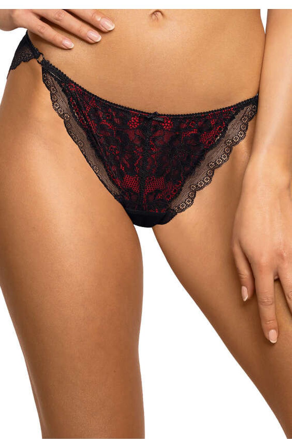 Luxury Mollie lace panties with red mesh detailing, designed by Mat. Elegant black lace with cotton gusset, available in sizes EU 36-44 and US 4-12.