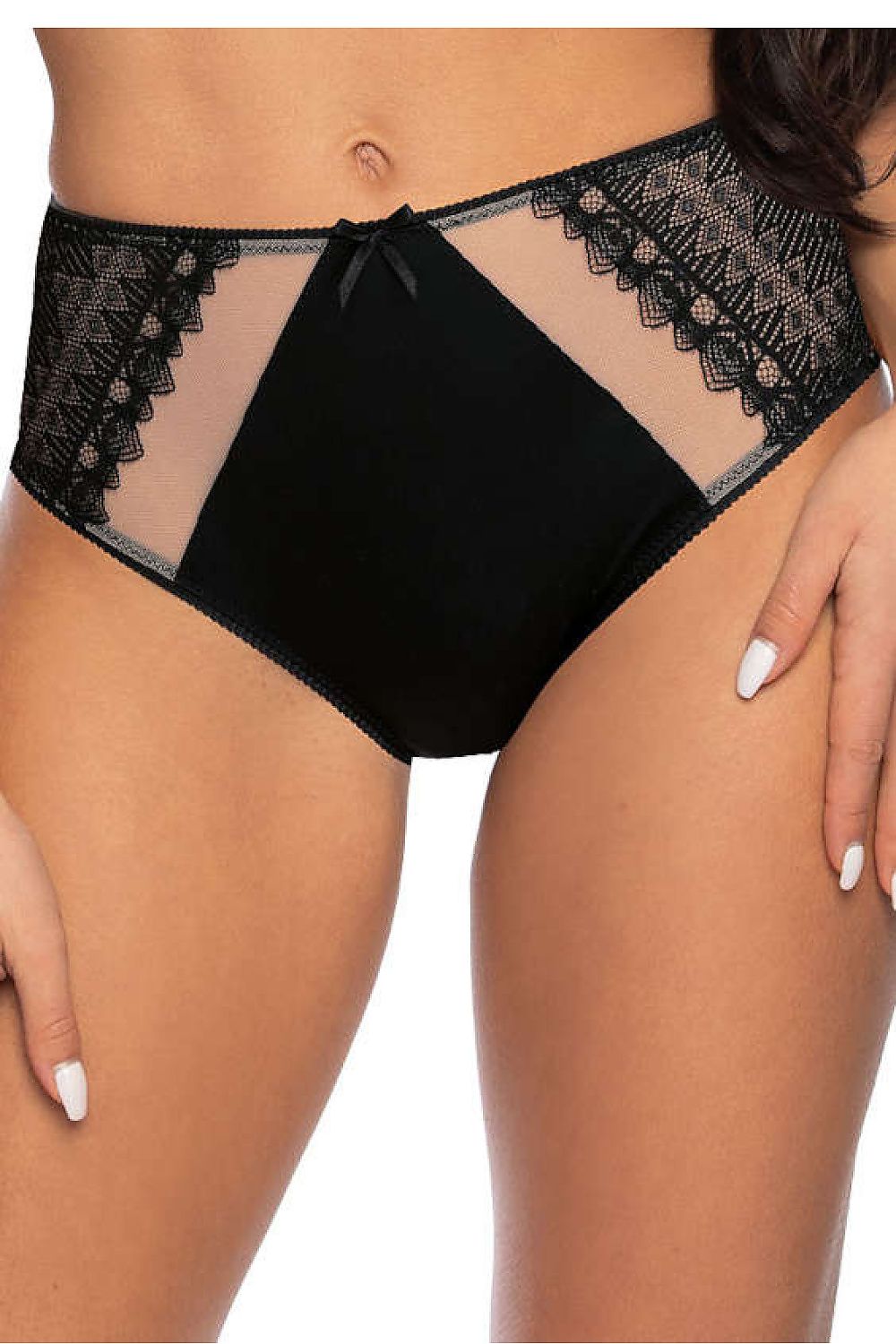 Luxury Marion lace-insert panties in black and beige by Mat, showcasing fine lace details and comfortable elastic mesh.