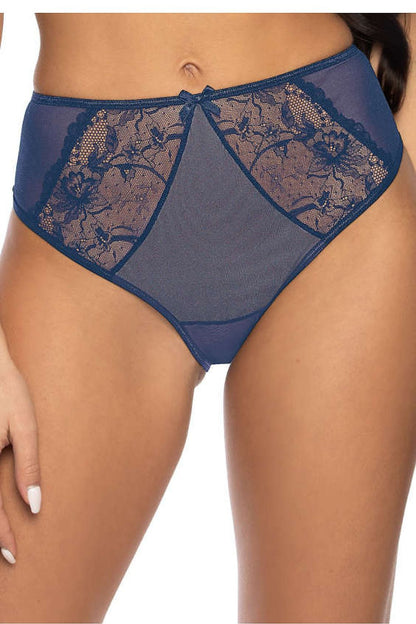 Luxury Percy Lace-Trimmed Panties in Navy Blue by Mat, featuring delicate lace insert and elastic mesh for feminine charm.