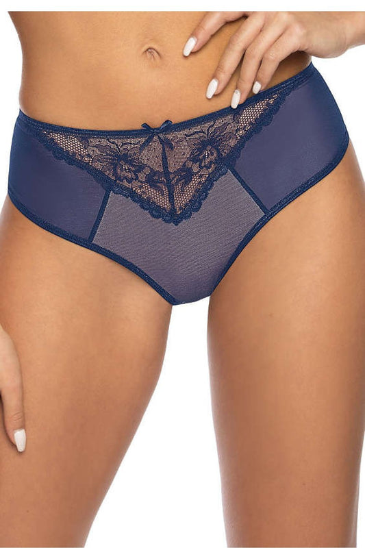 Luxurious navy blue and beige Percy panties featuring a delicate lace insert by Mat, designed for elegance and comfort in sizes EU 36-44.