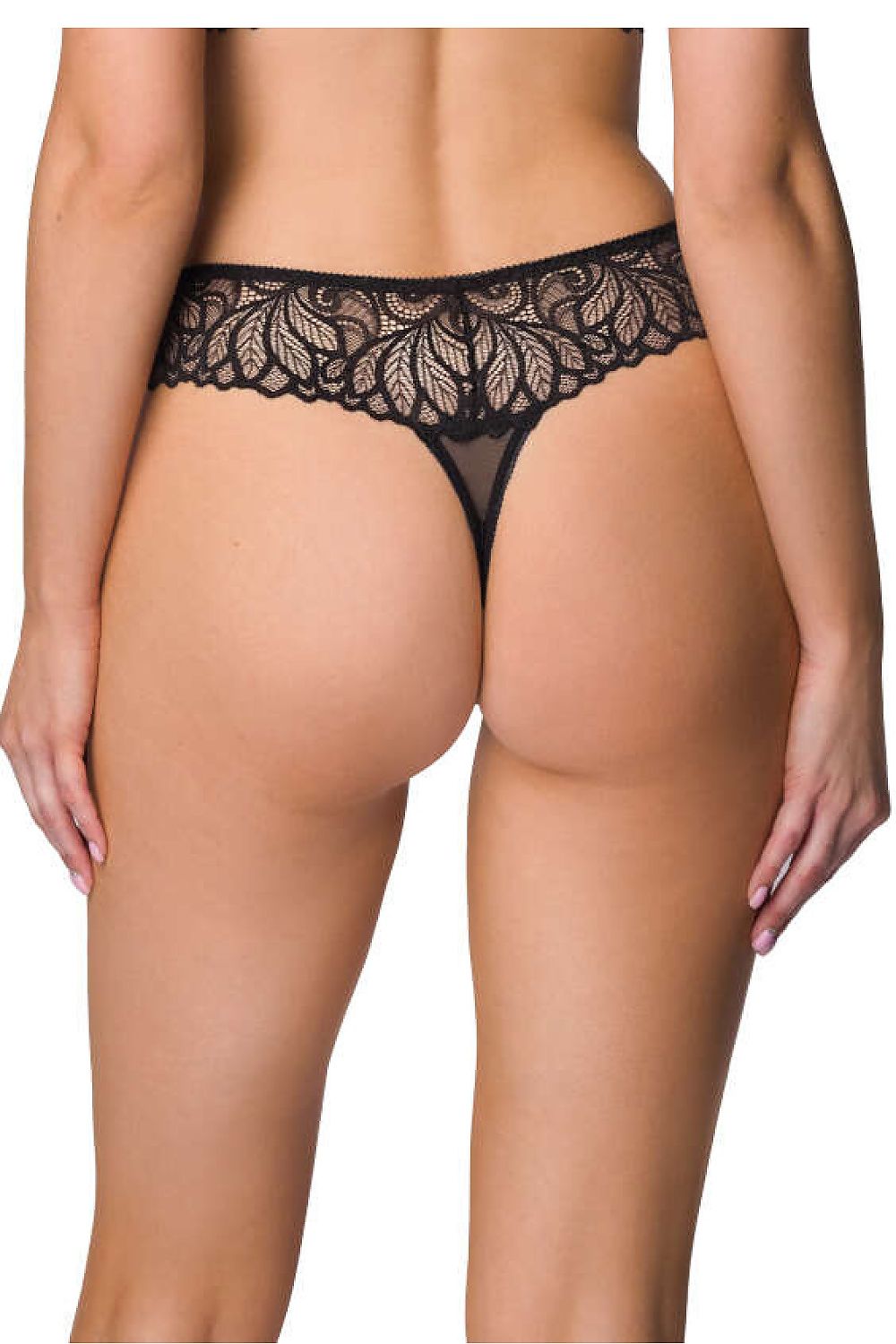 Luxury black lace Nerine thong underwear by Mat, featuring high-leg design and delicate openwork pattern for an elegant silhouette.