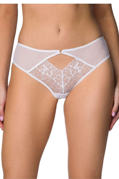 Elegant Elara White Lace Thong by Mat featuring a delicate floral pattern, perfect for enhancing feminine charm.