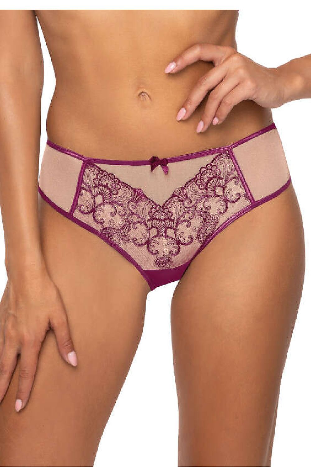 Elegant Women's Beige & Purple Thongs by Mat, featuring delicate mesh and a decorative bow, perfect fit for sizes EU 36-44.