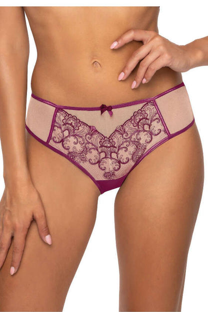Elegant Women's Beige & Purple Thongs by Mat, featuring delicate mesh and a decorative bow, perfect fit for sizes EU 36-44.