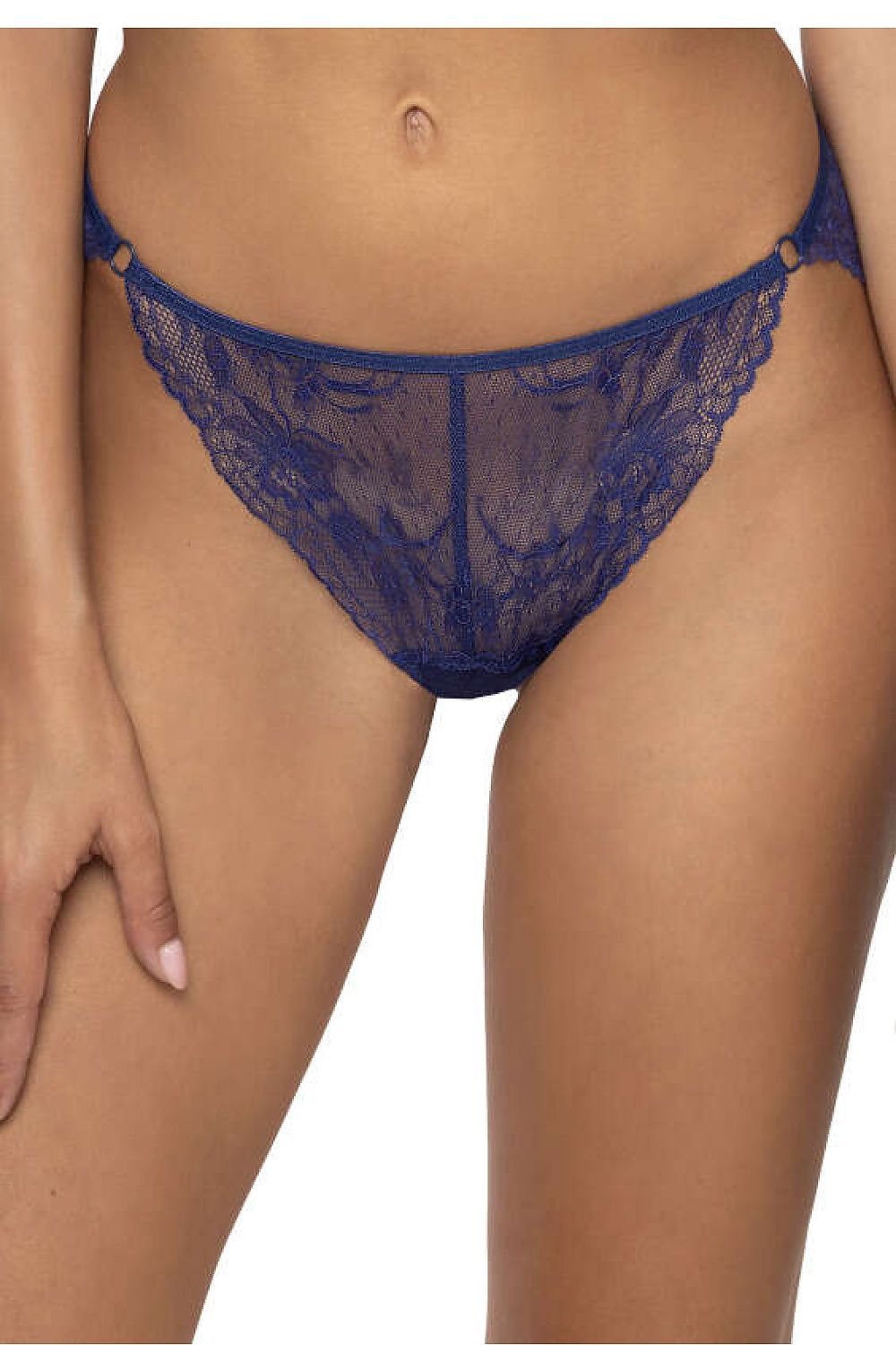 Elegant Maxine navy blue lace thong T-back for women, featuring a delicate lace design and fine side rings, luxurious underwear by vendor Mat.