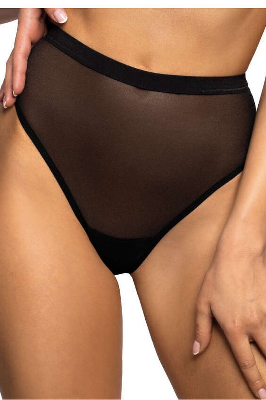 Elegant High Rise Thong in Black Mesh by Mat, featuring a stylish T-back design, perfect for luxurious lingerie collections.