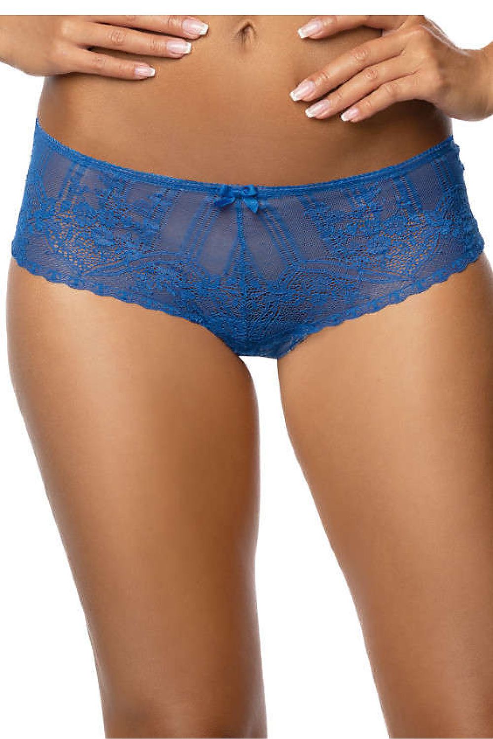 Luxury blue lace T-back thong by Mat featuring a delicate see-through design, crafted from a blend of cotton, spandex, and polyamide, available in EU sizes 36-44 and US sizes 4-12.