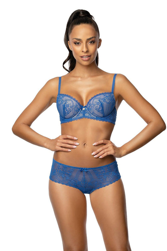 Elegant blue lace thong by Mat showcasing an alluring T-back style and cotton gusset, perfect for enhancing feminine charm with a luxurious delicate design.