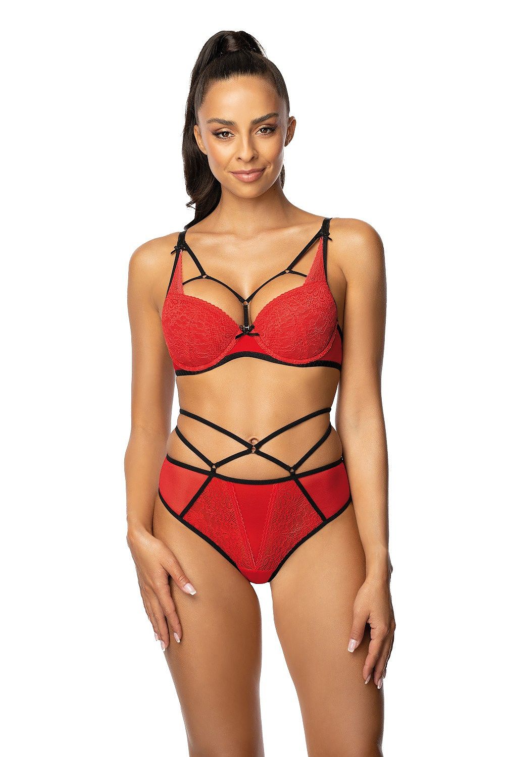 Loren Sexy Red Lace Thong by Mat with Decorative Straps, showcasing luxurious see-through lace and elastic mesh design, available in sizes EU 36-44 | US 4-12.