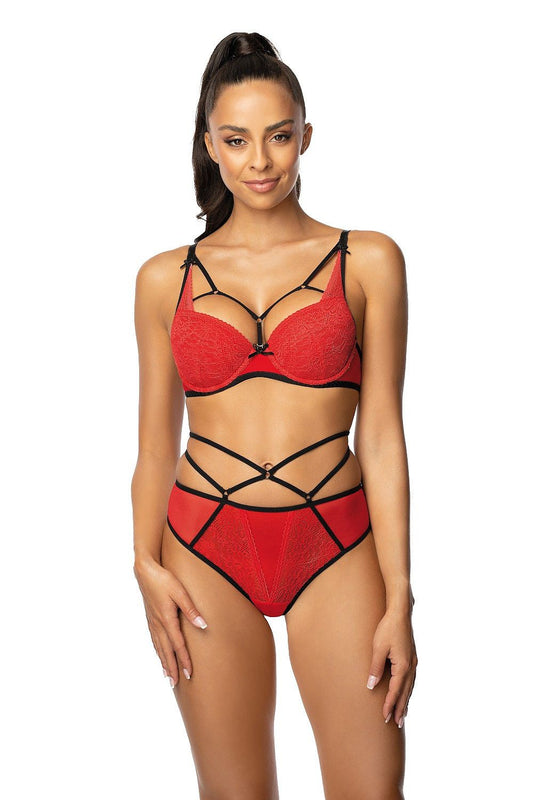 Loren Sexy Red Lace Thong by Mat with Decorative Straps, showcasing luxurious see-through lace and elastic mesh design, available in sizes EU 36-44 | US 4-12.