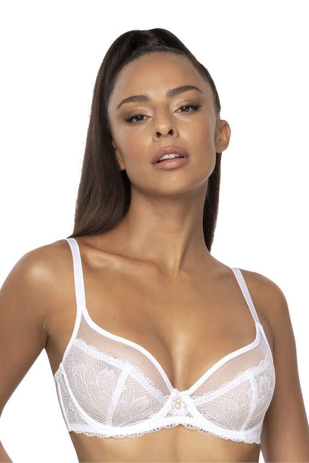Elegant white lace and mesh bra from Mat, featuring delicate design and adjustable straps, perfect for comfort and style.