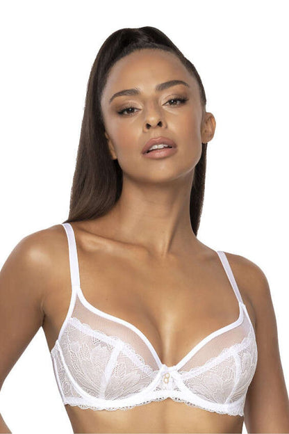 Elegant white lace and mesh bra from Mat, featuring delicate design and adjustable straps, perfect for comfort and style.